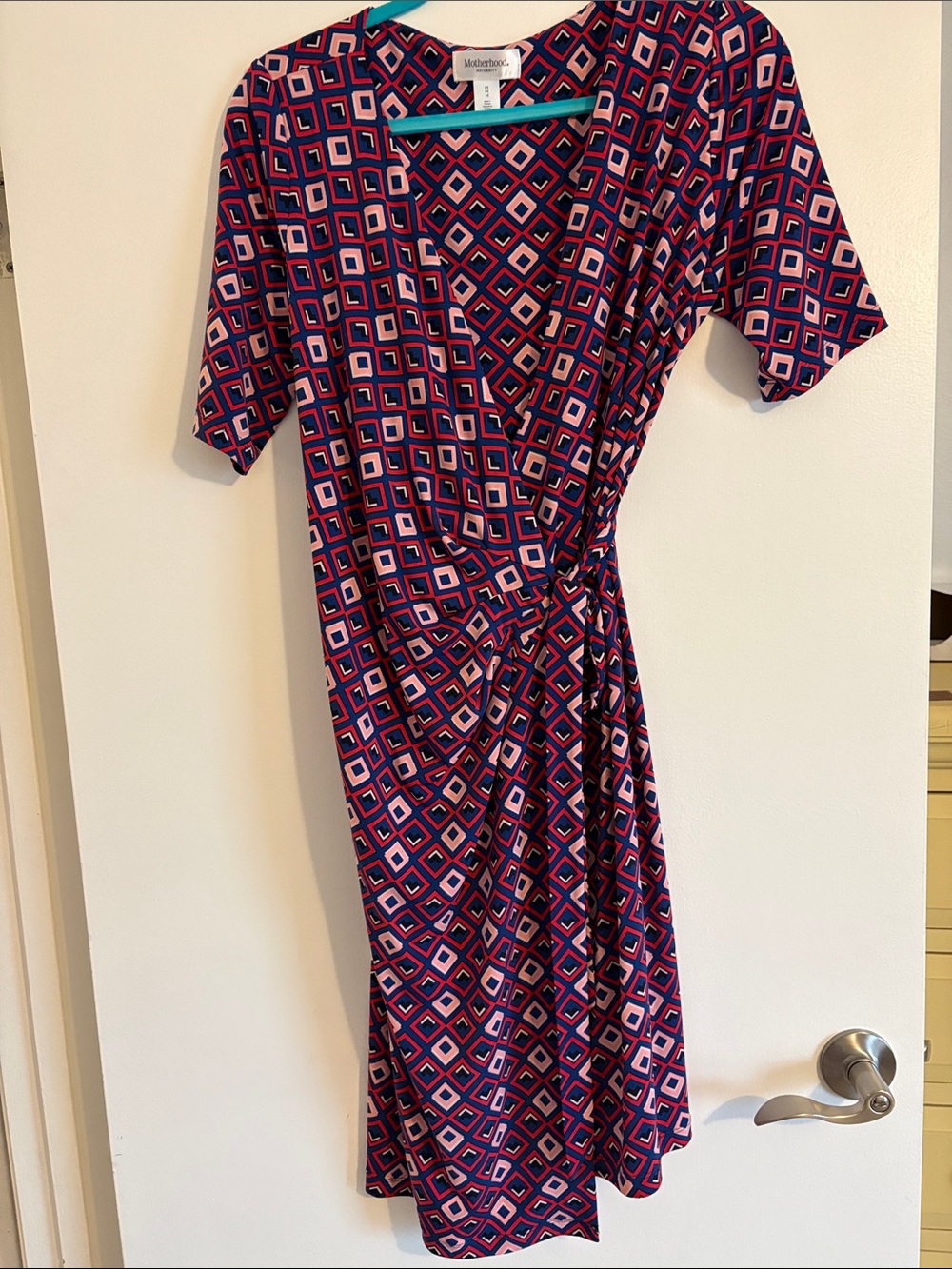 Motherhood Maternity Pink and Navy Geometric Wrap Midi Dress
